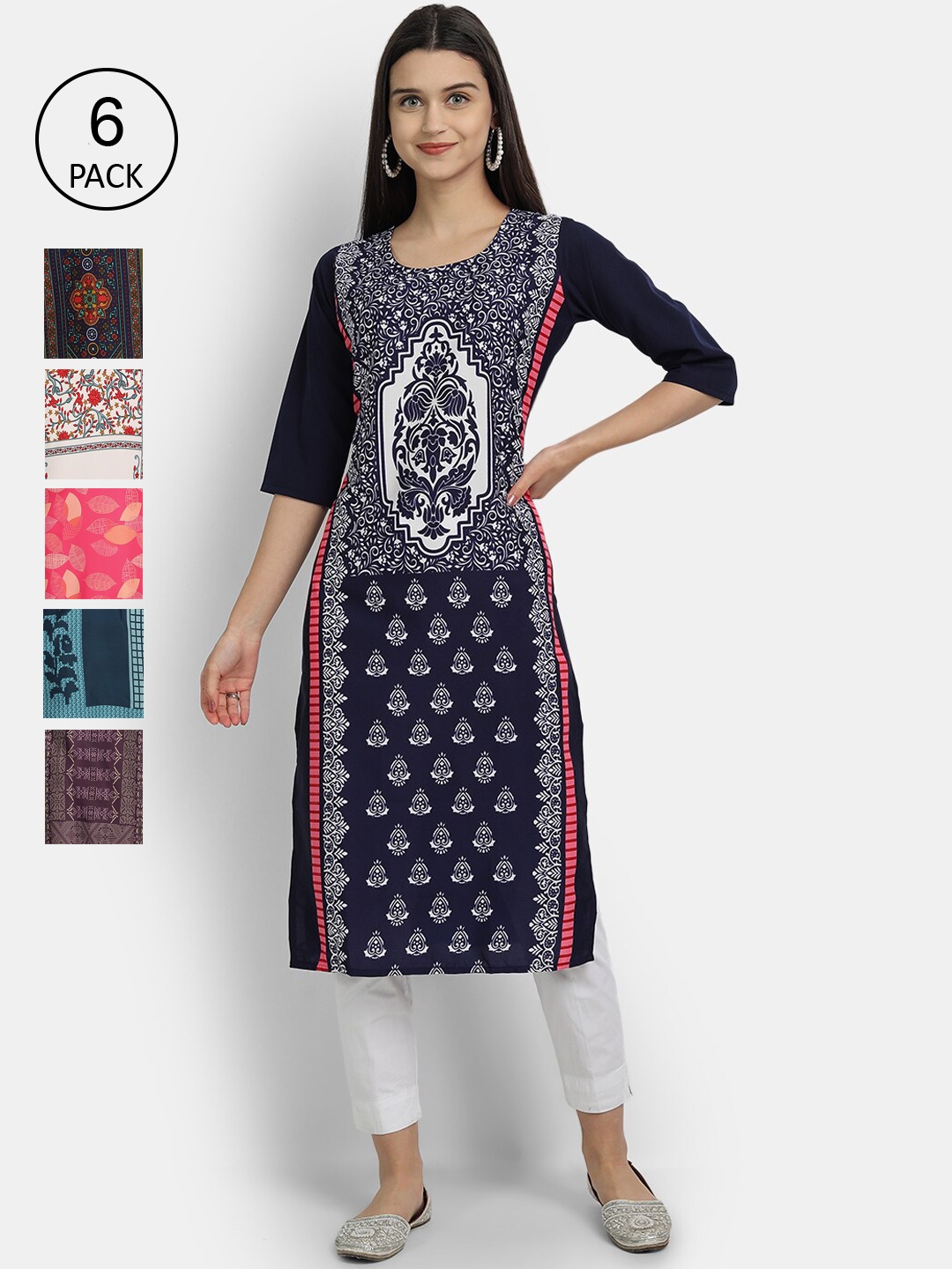 

Ethnic basket Women Pack of 6 Multicoloured Printed Straight Kurta, Multi