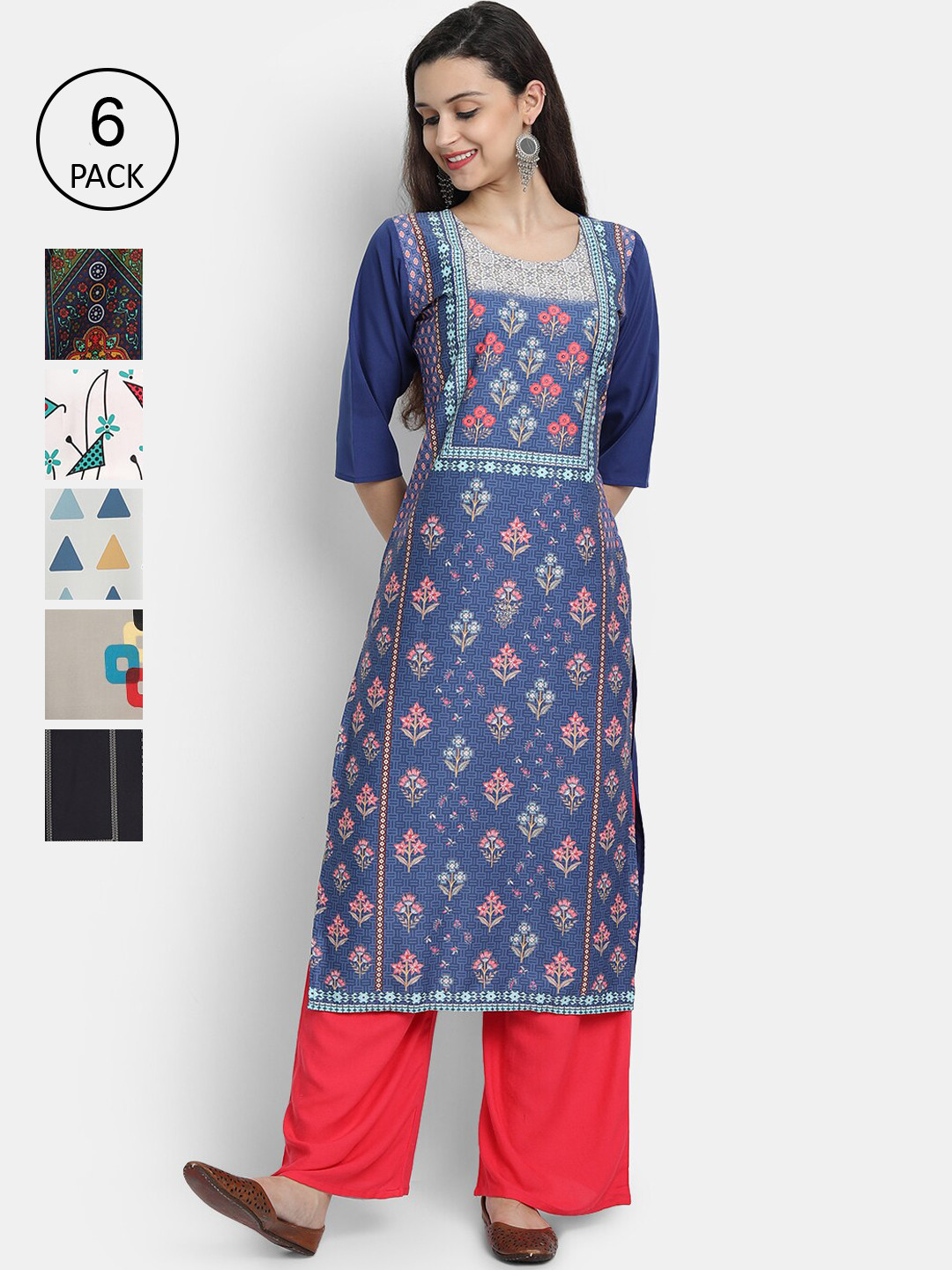

Ethnic basket Women Pack of 6 Multicoloured Floral Printed Crepe Kurta, Multi