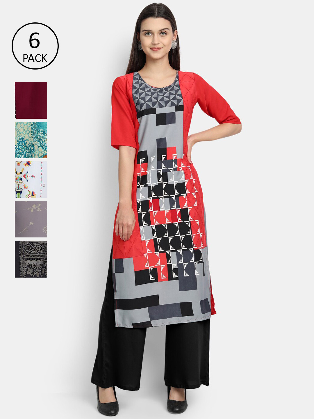 

Ethnic basket Women Multicoloured Set Of 6 Ethnic Motifs Printed Crepe Kurta, Multi