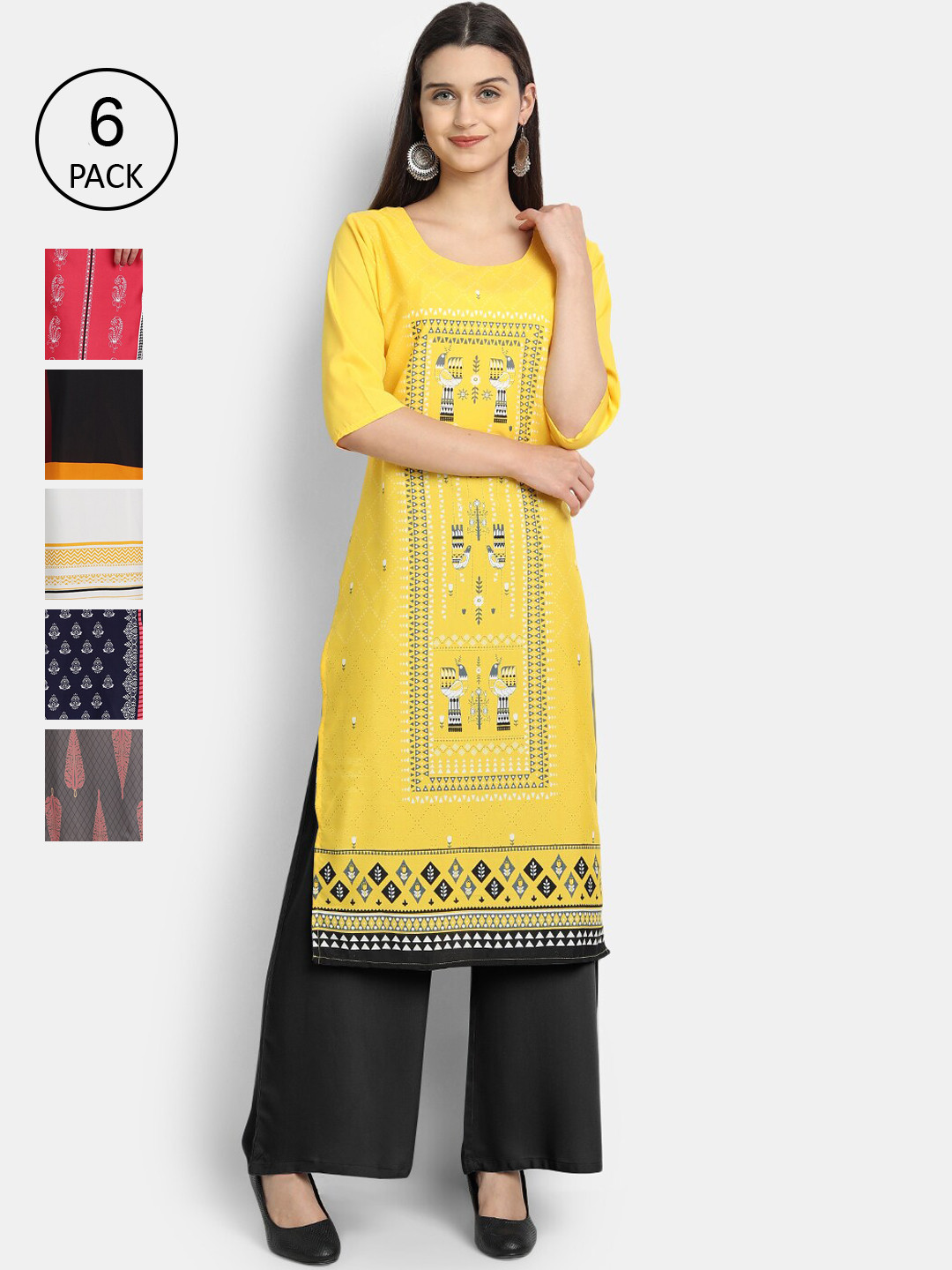 

Ethnic basket Pack of 6 Ethnic Motifs Printed Crepe Kurta, Yellow
