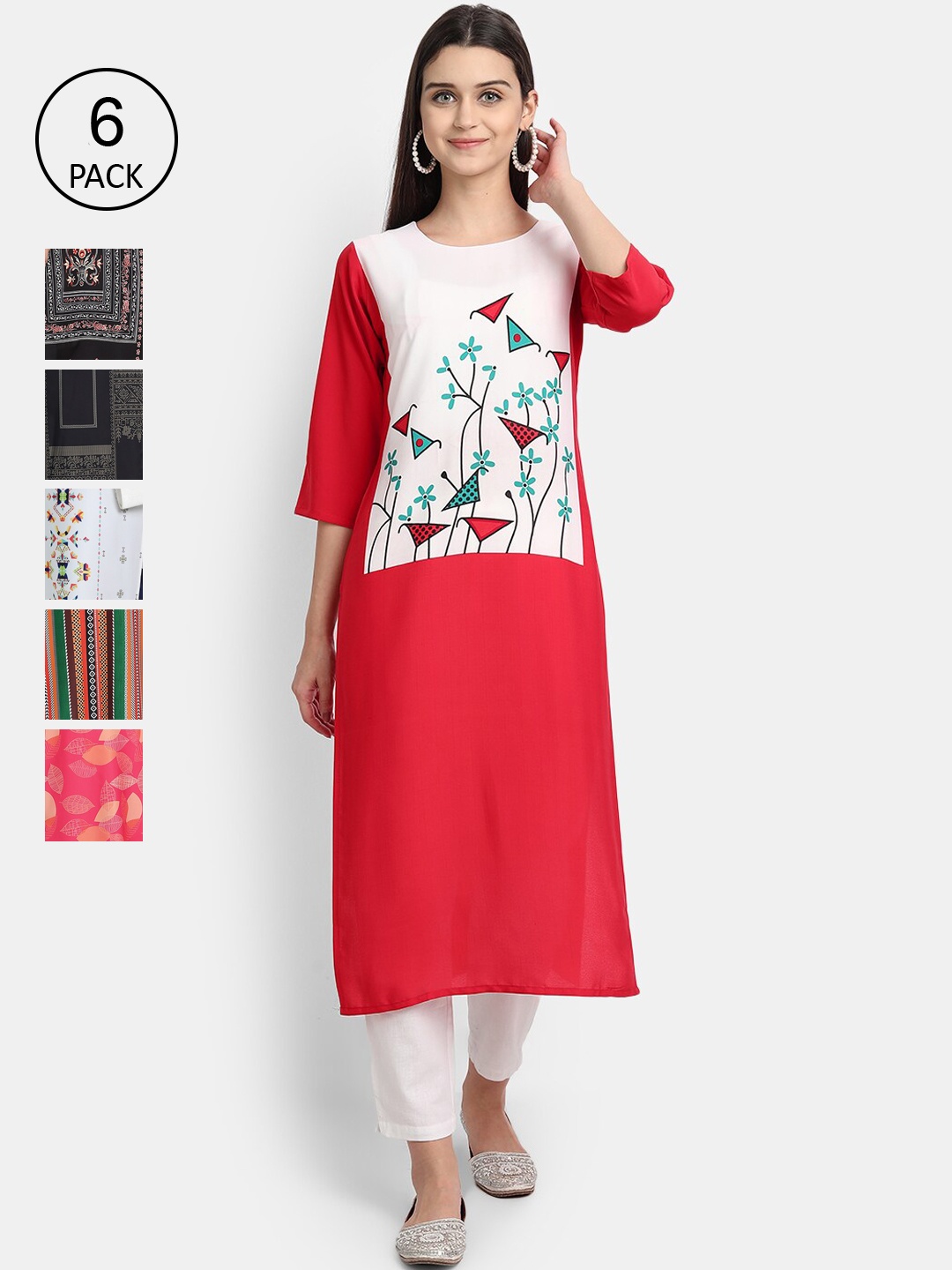 

Ethnic basket Women Multicoloured Set Of 6 Ethnic Motifs Printed Crepe Kurta, Multi