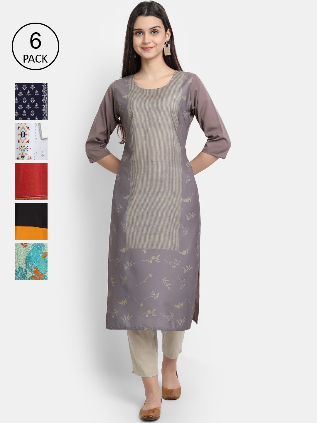 

Ethnic basket Women Pack of 6 Multicoloured Printed Straight Kurta, Multi
