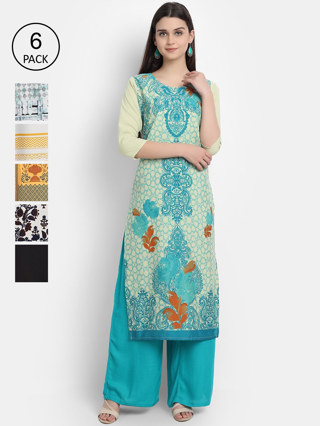 

Ethnic basket Women Pack Of 6 Printed Crepe Kurta, Blue