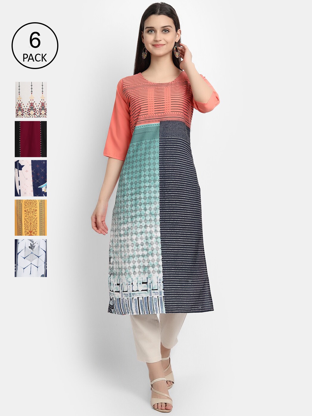 

Ethnic basket Women Set Of 6 Multicoloured Ethnic Motifs Printed Crepe Kurta, Multi