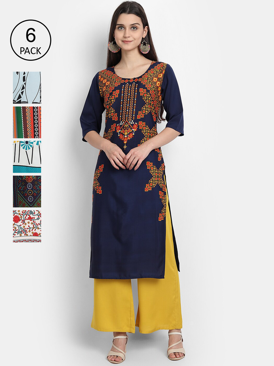 

Ethnic basket Women Pack Of 6 Printed Crepe Kurta, Navy blue