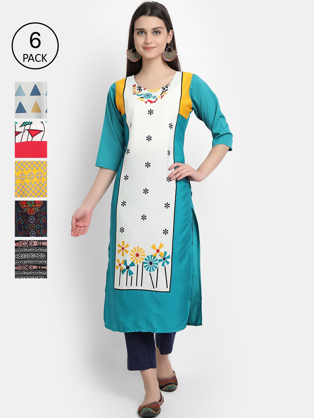 

Ethnic basket Women Pack Of 6 Digital Printed Crepe Kurta, Blue