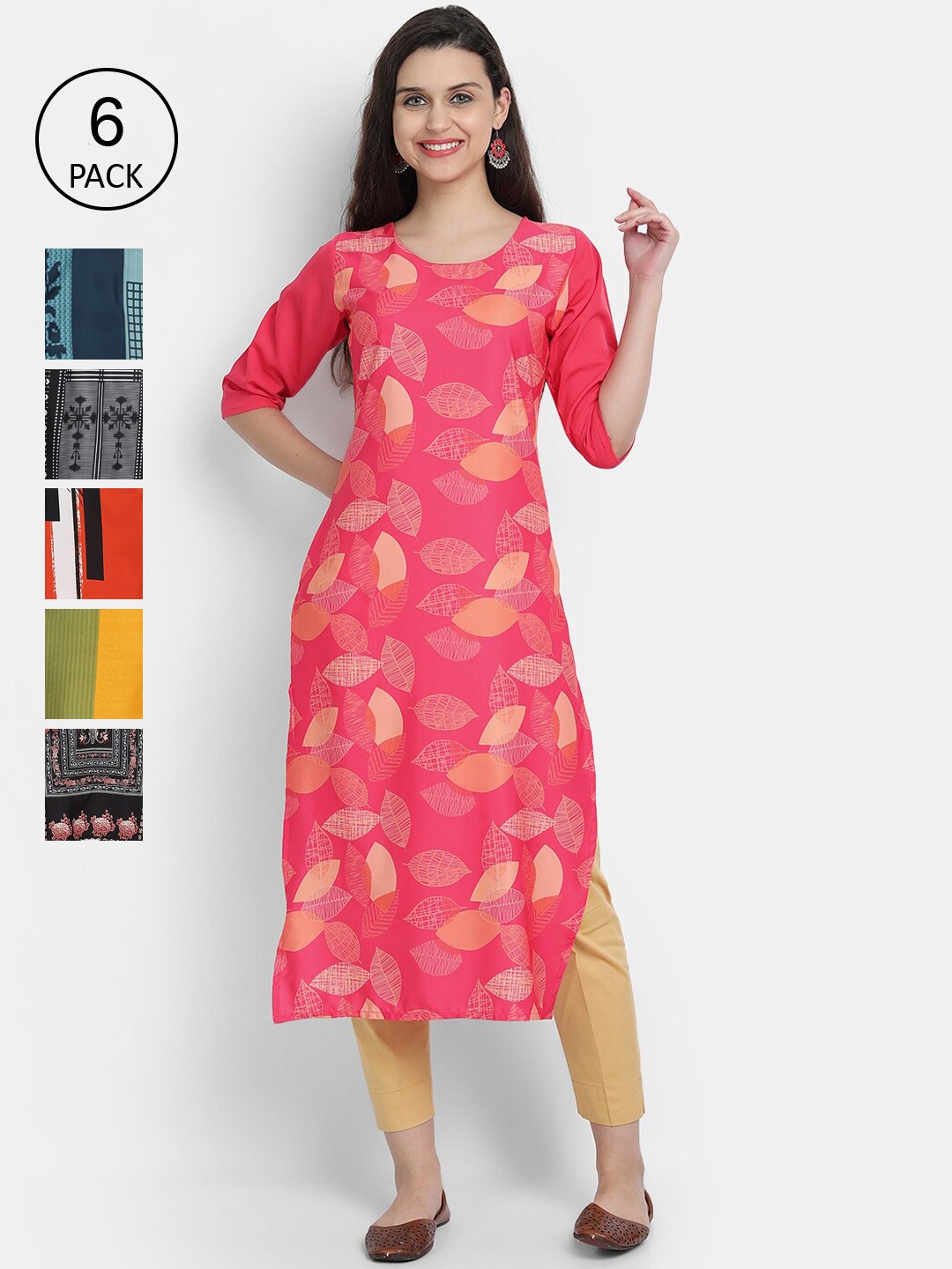 

Ethnic basket Pack of 6 Ethnic Motifs Printed Crepe Kurta, Pink