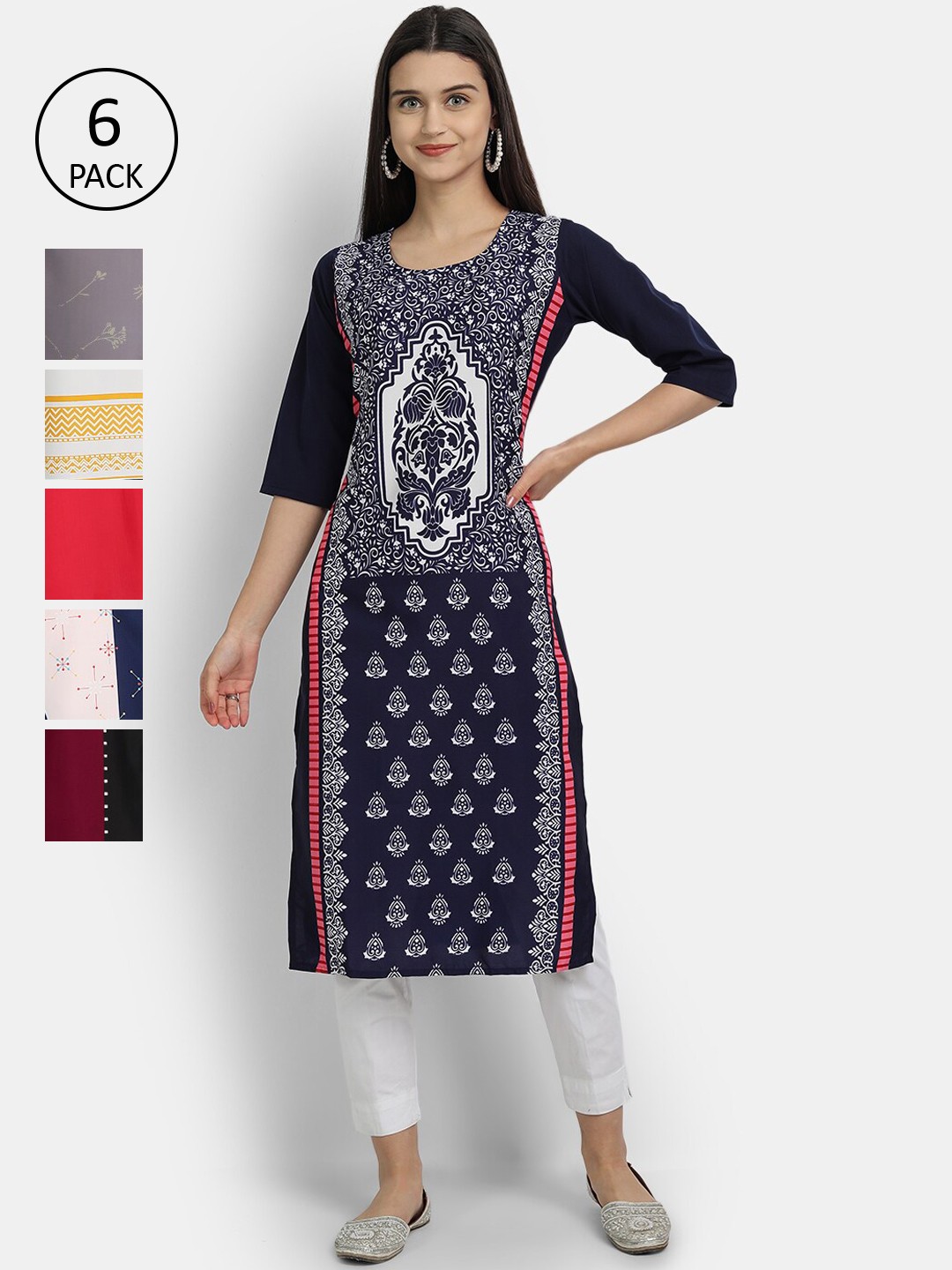 

Ethnic basket Women Pack of 6 Multicoloured Floral Printed Crepe Kurta, Multi