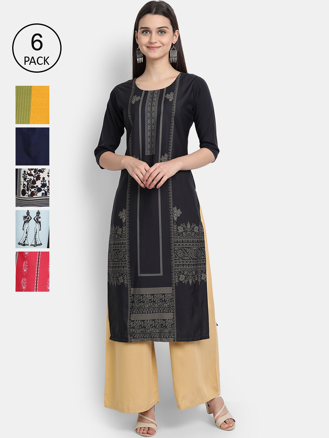 

Ethnic basket Pack of 6 Printed Kurtas, Black