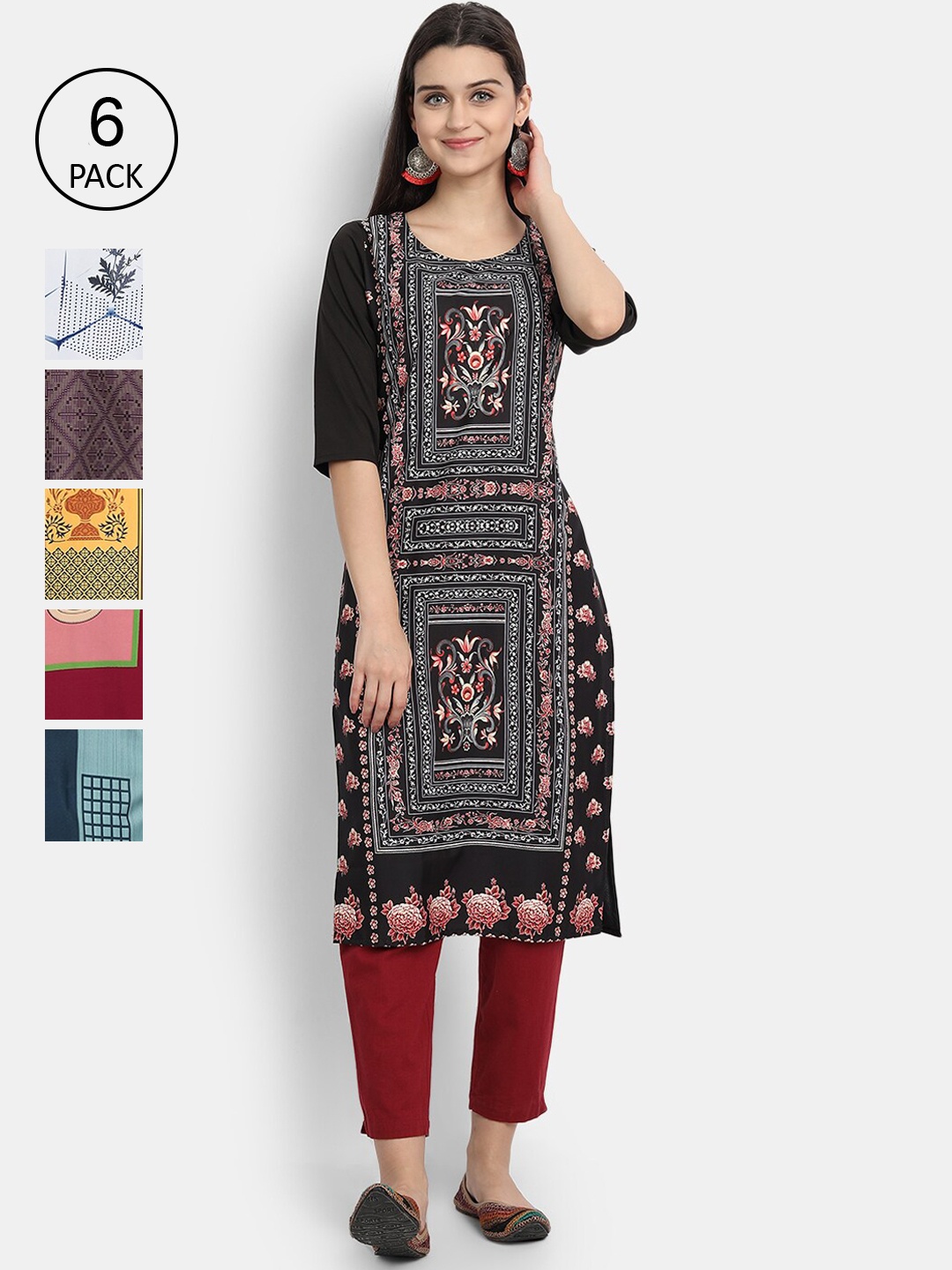 

Ethnic basket Women Pack Of 6 Straight Kurtas, Black
