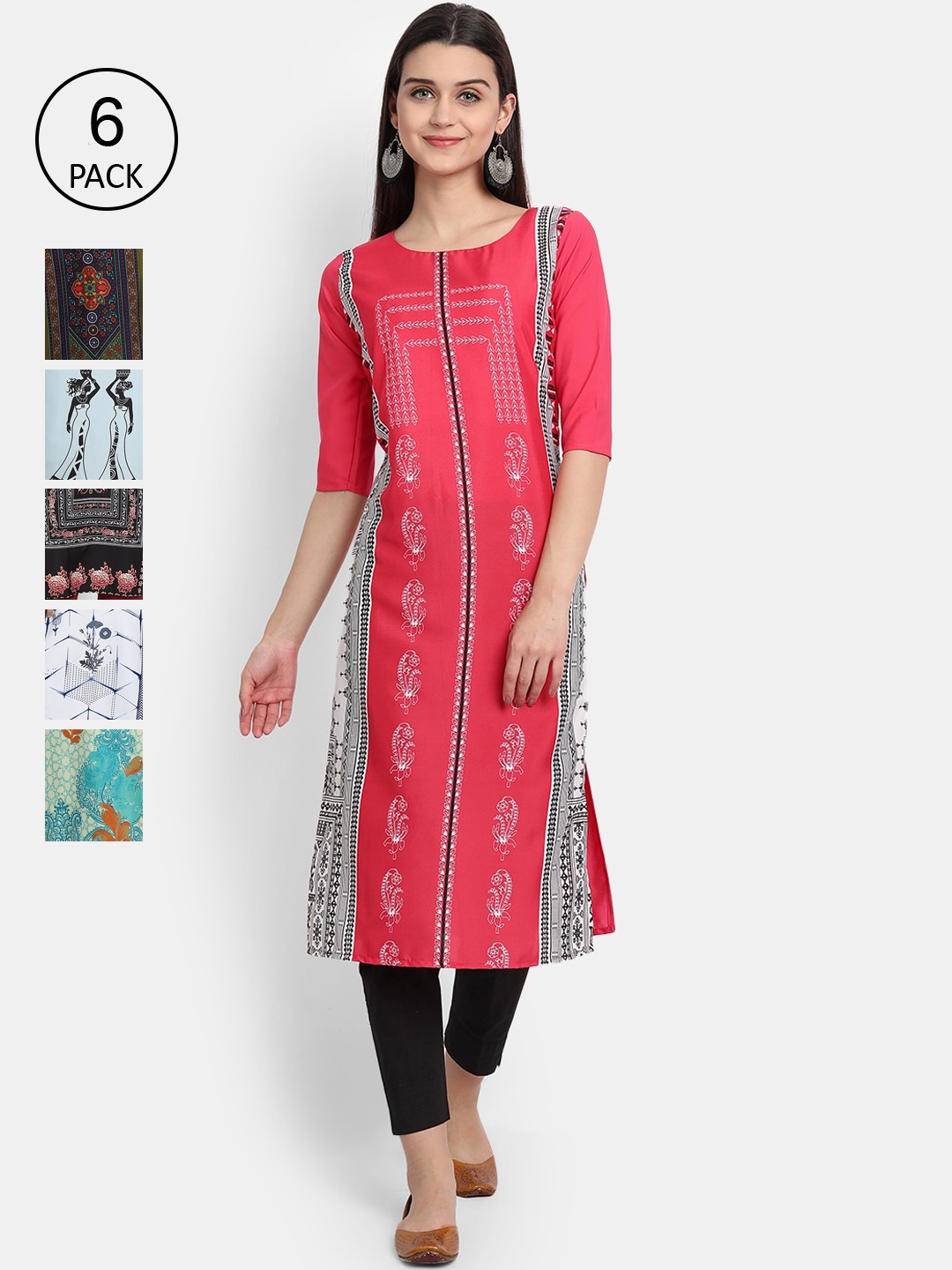 

Ethnic basket Women Set Of 6 Multicoloured Ethnic Motifs Printed Crepe Kurta, Multi