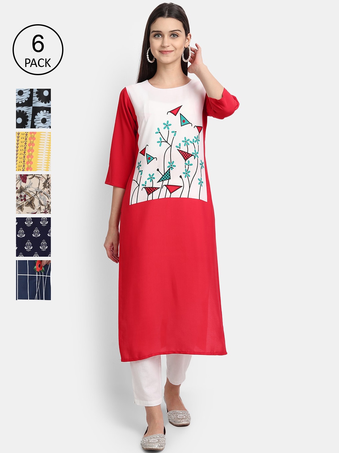 

Ethnic basket Women Set of 6 Printed Crepe Kurta, Multi
