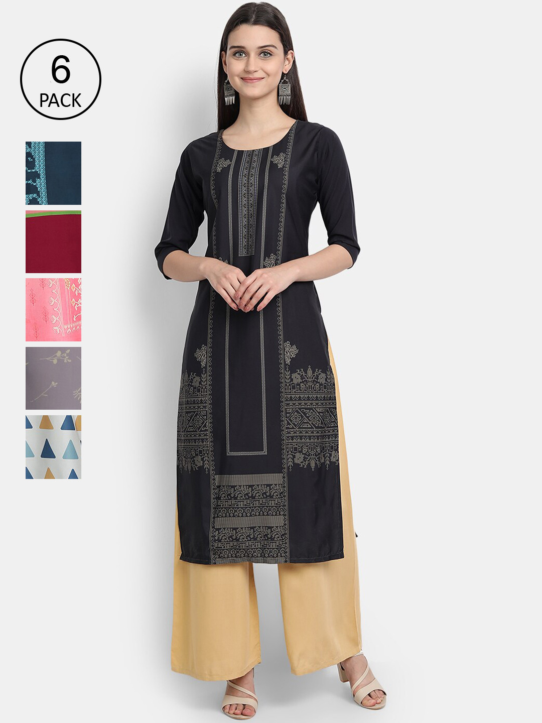 

Ethnic basket Women Pack of 6 Multicoloured Printed Straight Kurta, Multi