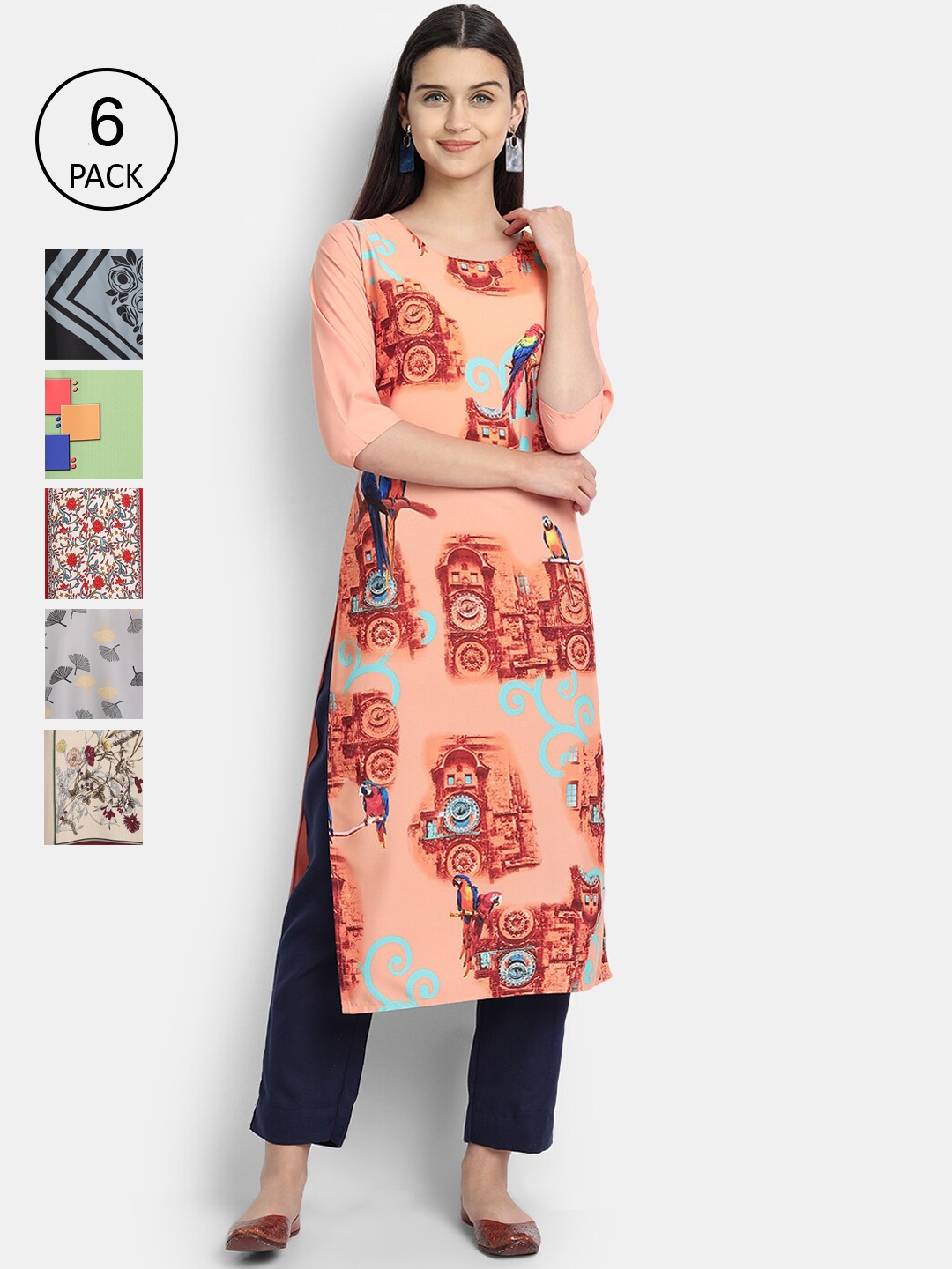 

Ethnic basket Pack of 6 Printed Kurtas, Red