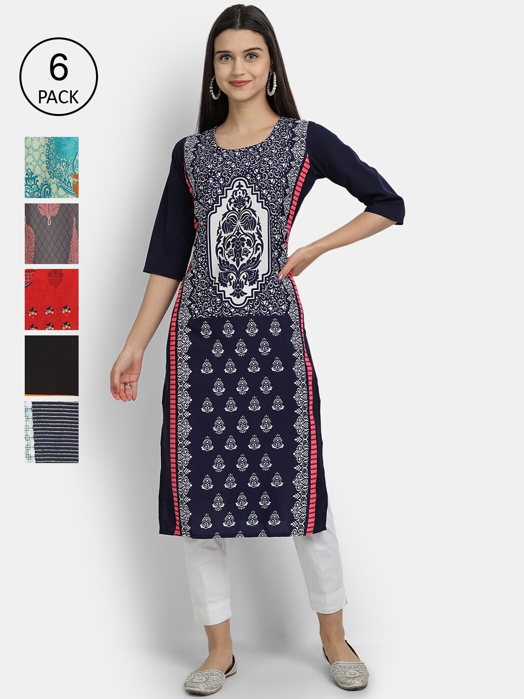 

Ethnic basket Women Pack of 6 Geometric Printed Crepe Kurta, Multi