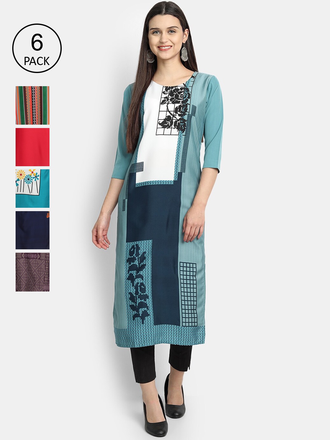 

Ethnic basket Women Pack Of 6 Printed Crepe Kurta, Purple