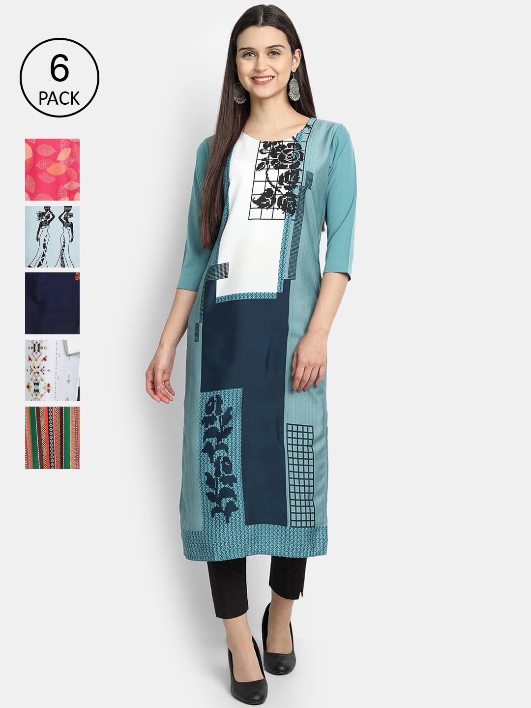 

Ethnic basket Pack of 6 Ethnic Motifs Printed Crepe Kurta, Teal