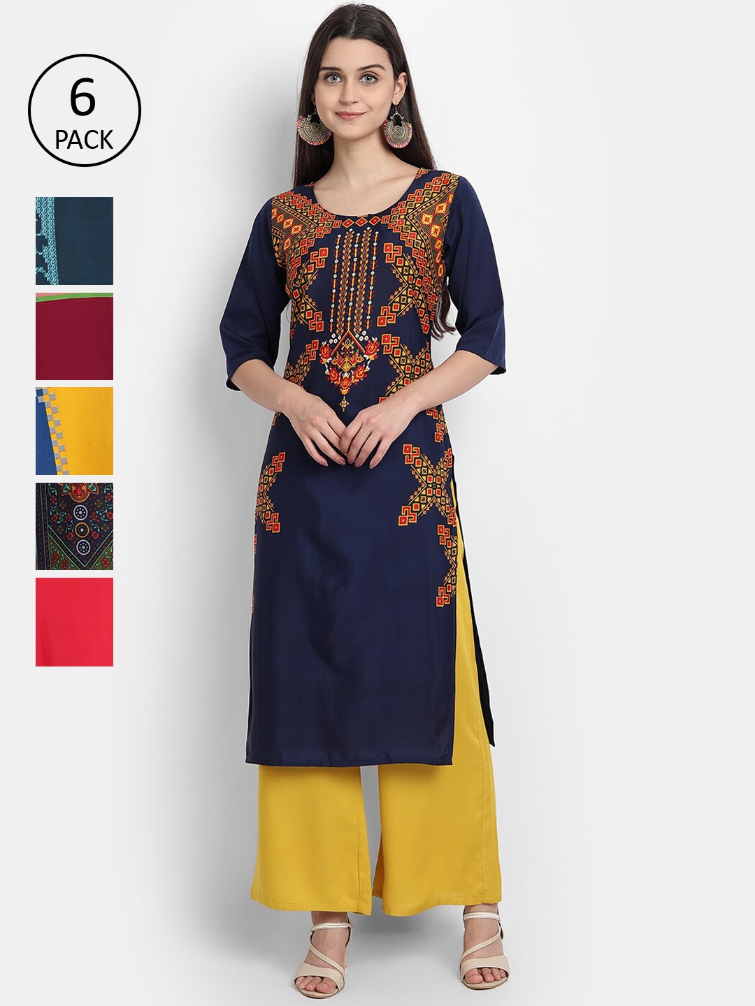 

Ethnic basket Women Multicoloured Set Of 6 Ethnic Motifs Printed Crepe Kurta, Multi