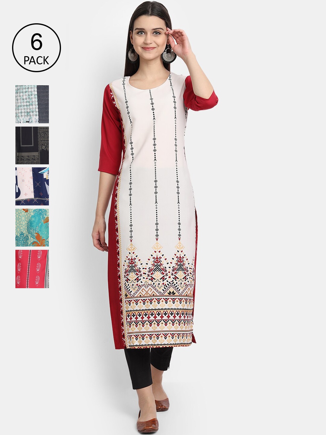 

Ethnic basket Women Pack of 6 Multicoloured Ethnic Motifs Printed Crepe Kurta, Multi