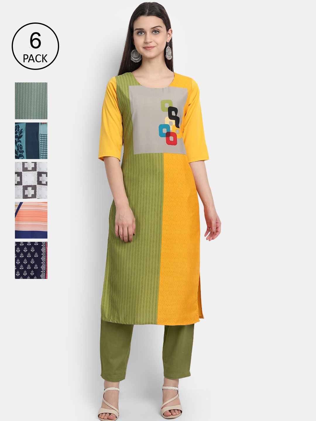 

Ethnic basket Women Pack of 6 Multicoloured Printed Straight Kurta, Multi