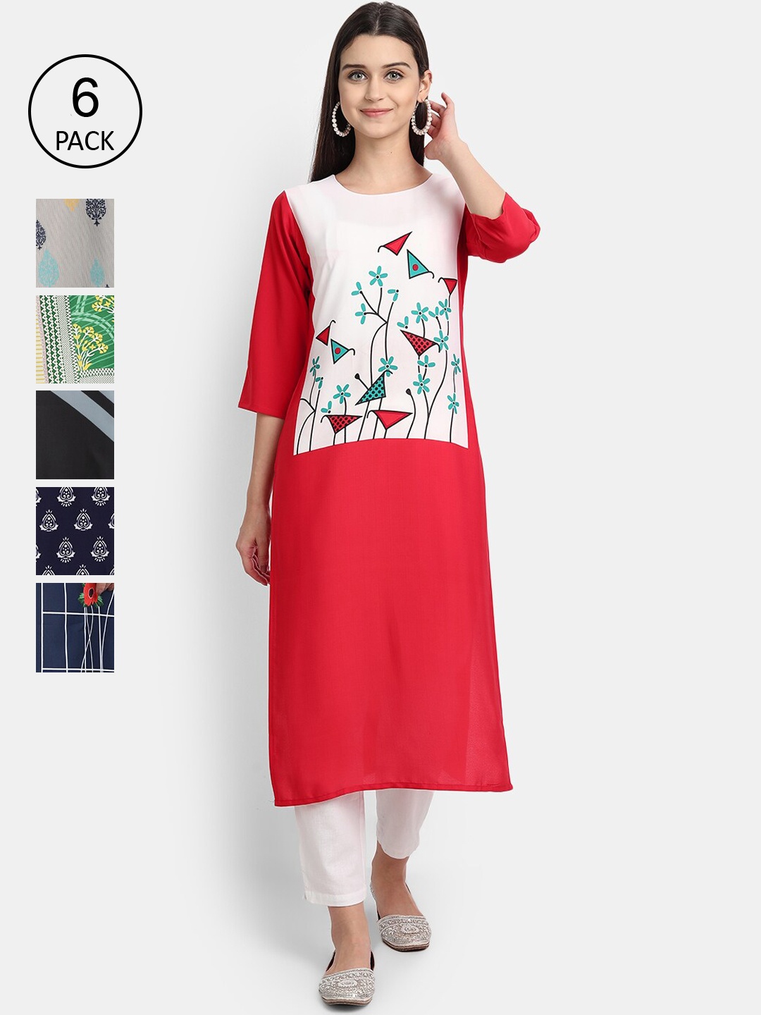 

Ethnic basket Women Pack Of 6 Digital Print Straight Crepe Kurtas, Multi