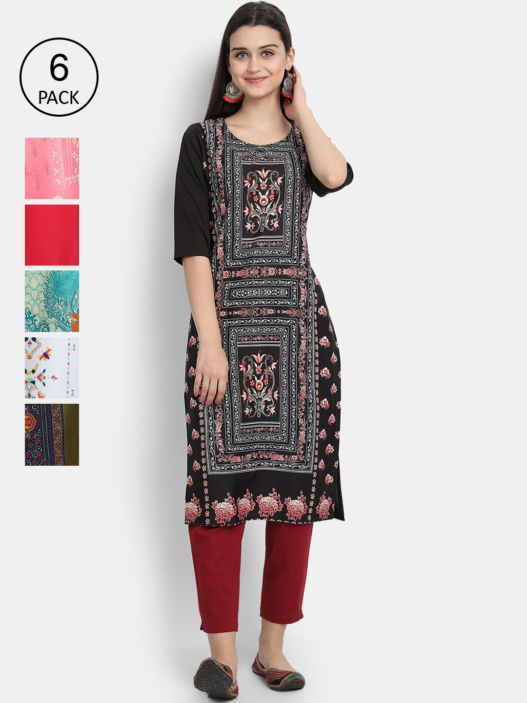 

Ethnic basket Women Pack of 6 Multicoloured Printed Straight Kurta, Multi