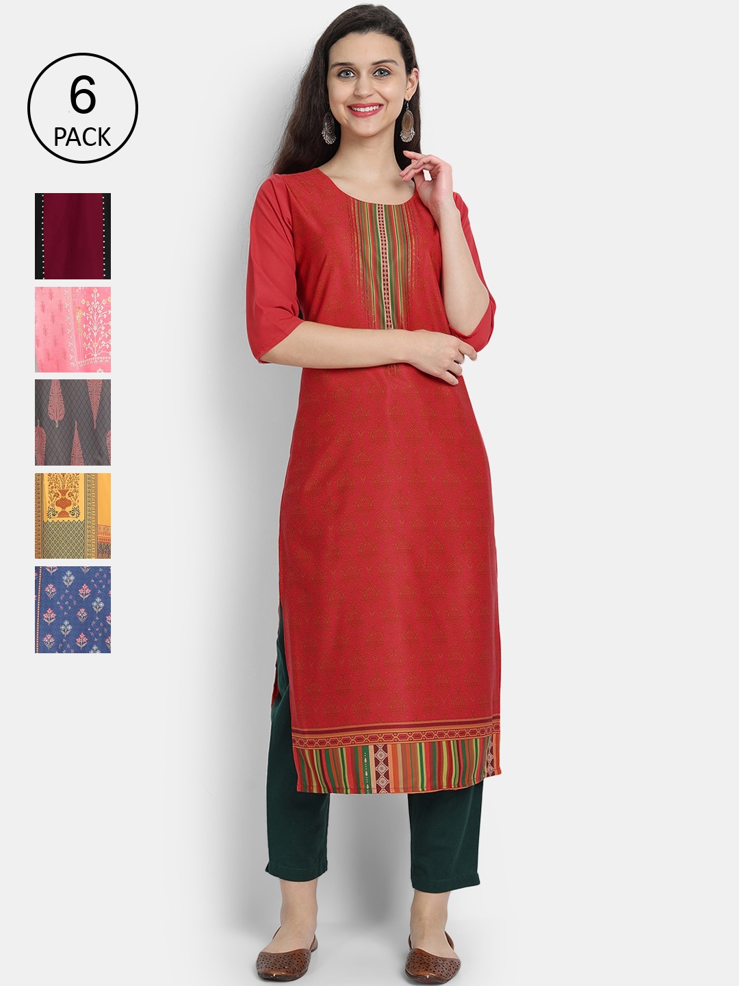 

Ethnic basket Pack of 6 Printed Kurtas, Pink
