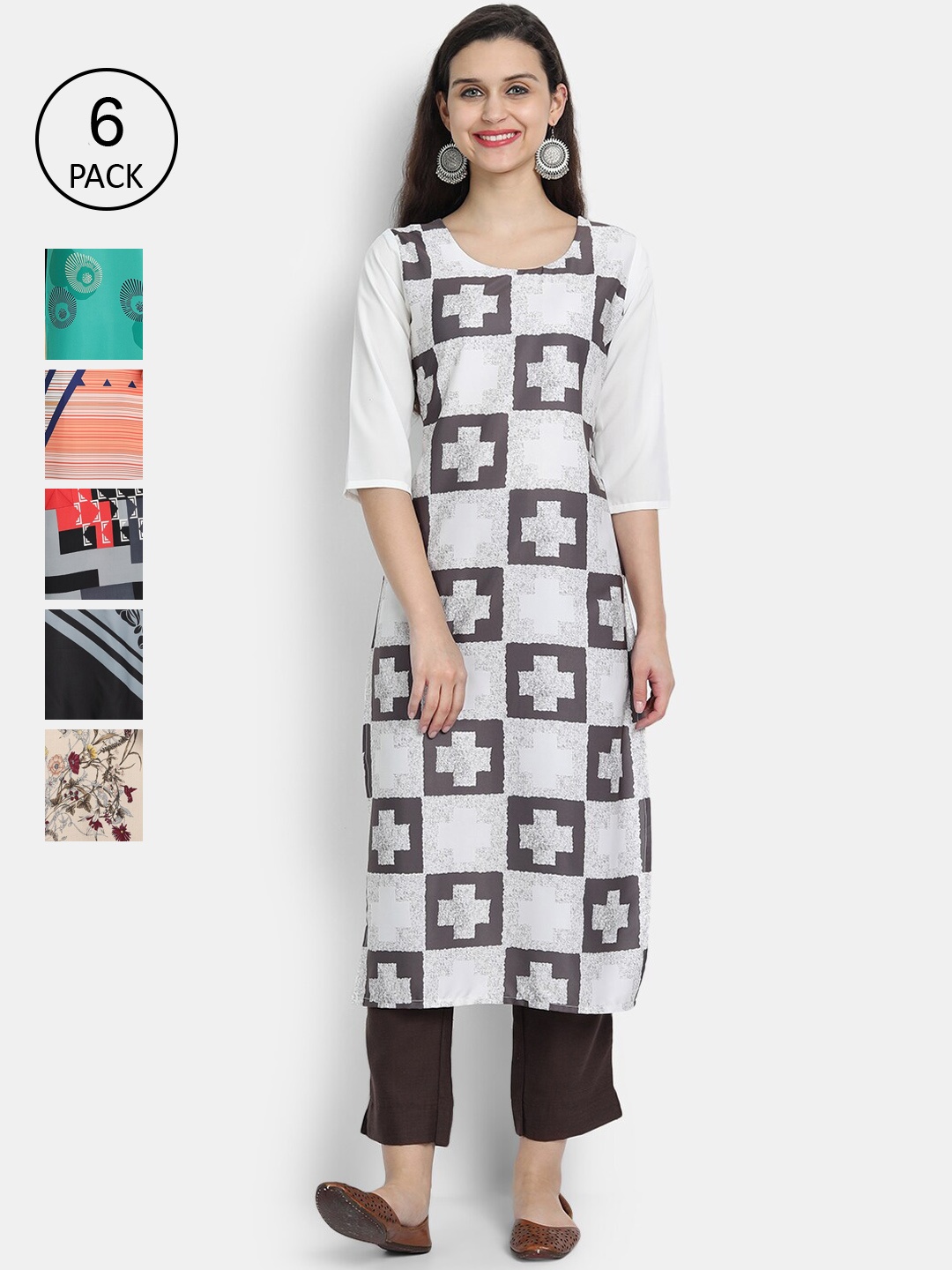 

Ethnic basket Pack of 6 Geometric Printed Crepe Kurta, White