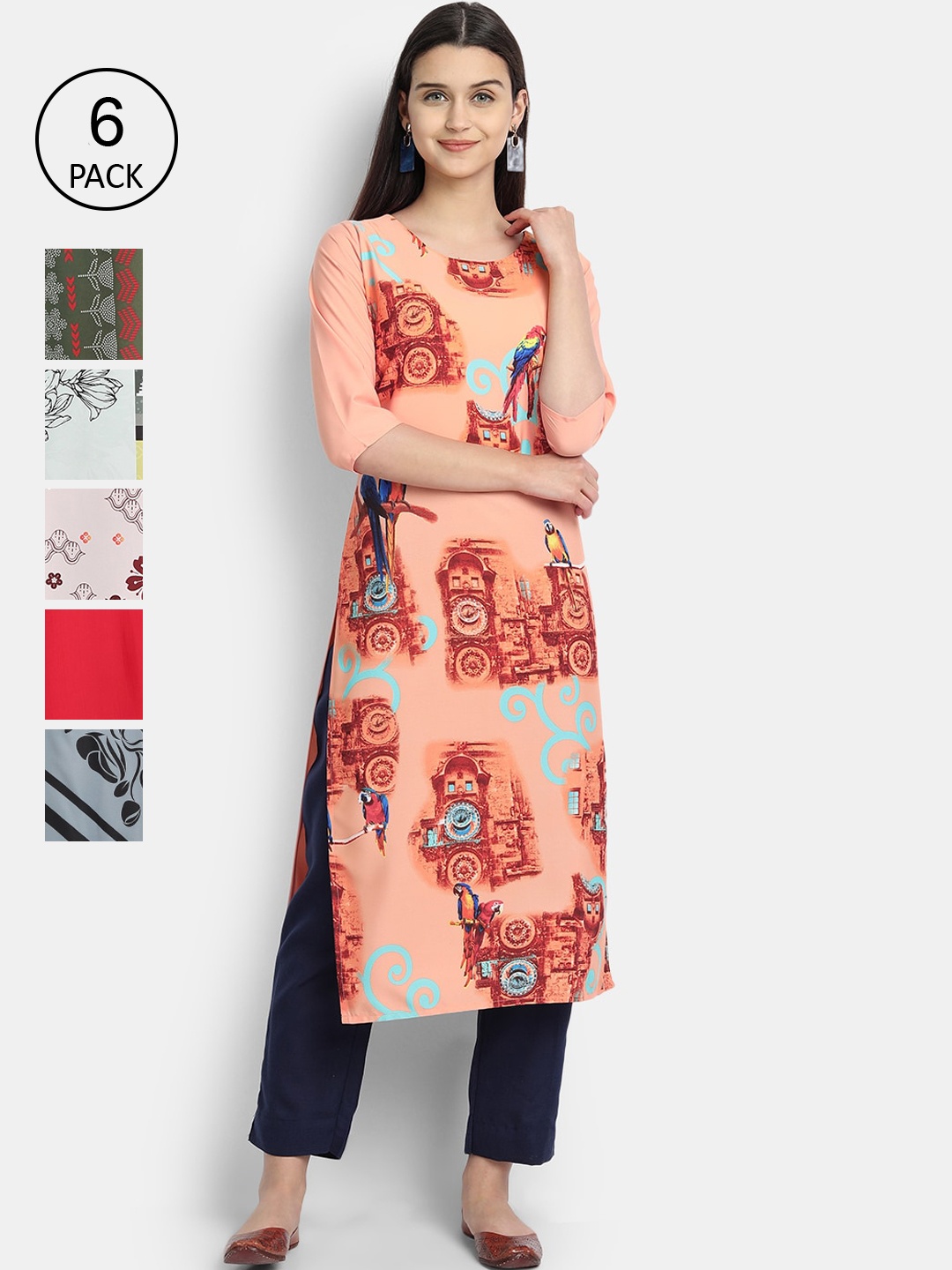 

Ethnic basket Pack of 6 Printed Kurtas, Red