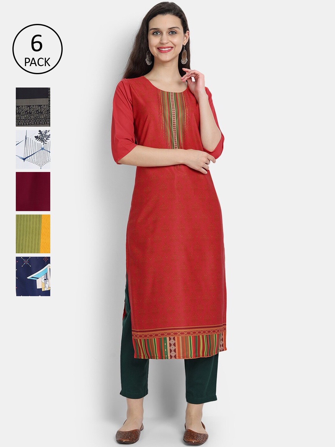 

Ethnic basket Pack of 6 Ethnic Motifs Printed Crepe Kurta, Red