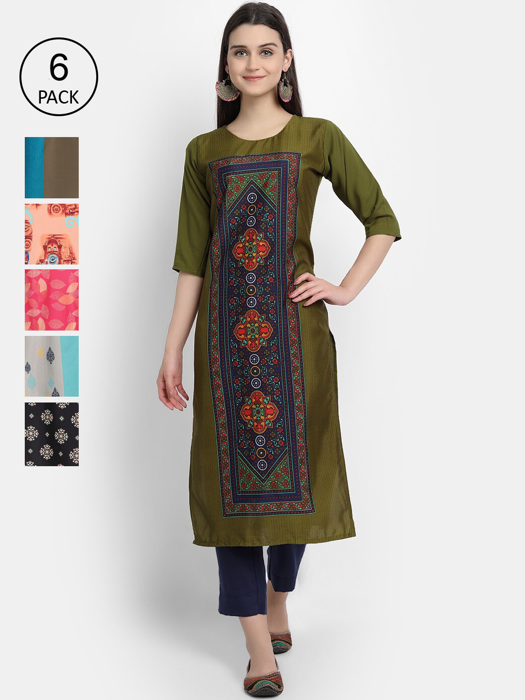 

Ethnic basket Women Pack of 6 Multicoloured Printed Straight Kurta, Multi