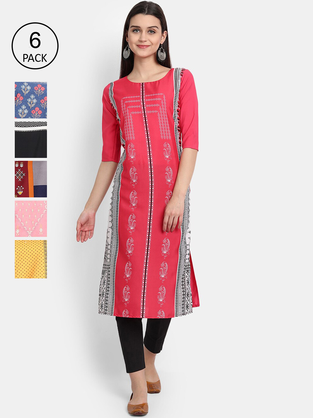 

Ethnic basket Women Multicoloured Set Of 6 Ethnic Motifs Printed Crepe Kurta, Multi