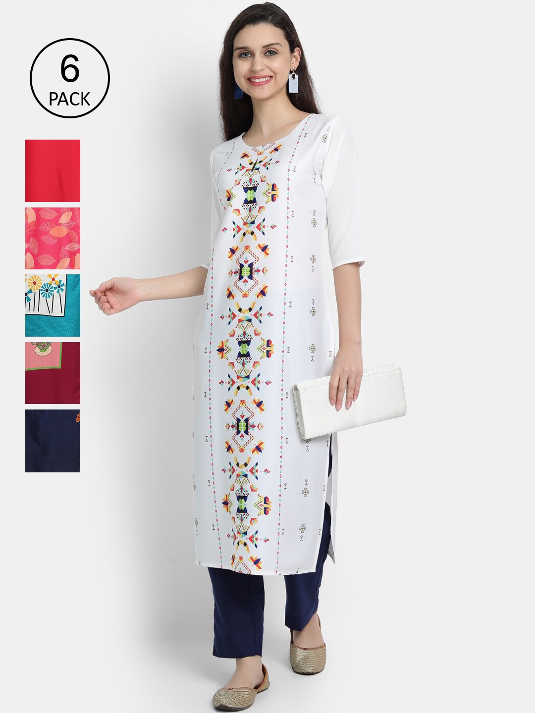 

Ethnic basket Pack of 6 Ethnic Motifs Printed Crepe Kurta, White