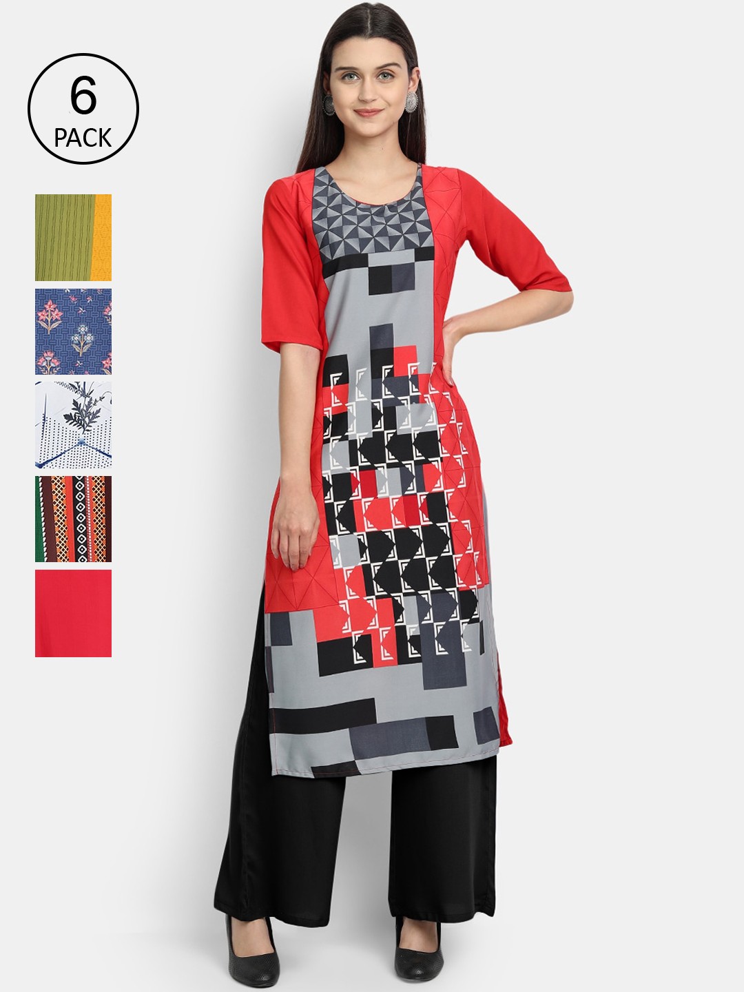 

Ethnic basket Women Pack Of 6 Straight Kurtas, Red