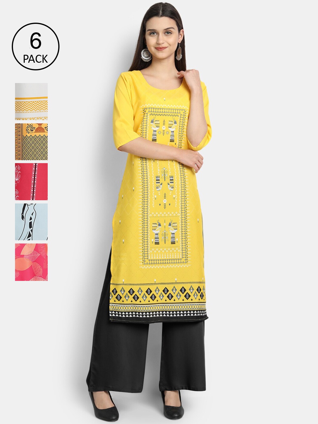 

Ethnic basket Women Pack Of 6 Digital Print Straight Crepe Kurtas, Multi