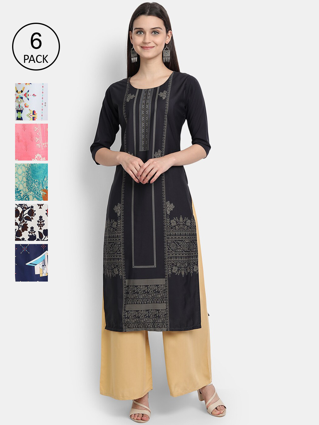 

Ethnic basket Women Pack Of 6 Ethnic Motifs Printed Crepe Kurta, Black