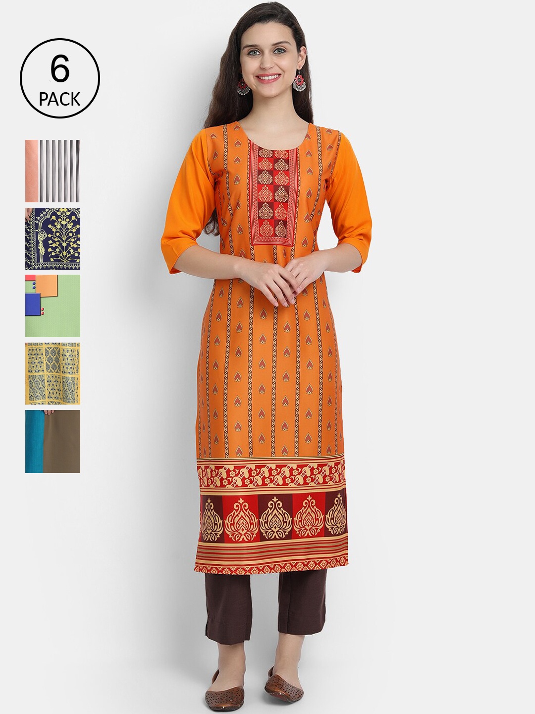 

Ethnic basket Women Set of 6 Printed Crepe Kurta, Multi