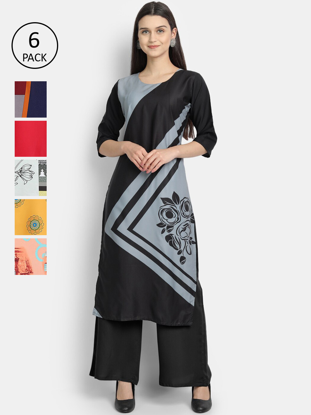 

Ethnic basket Women Multicoloured Set Of 6 Ethnic Motifs Printed Crepe Kurta, Multi