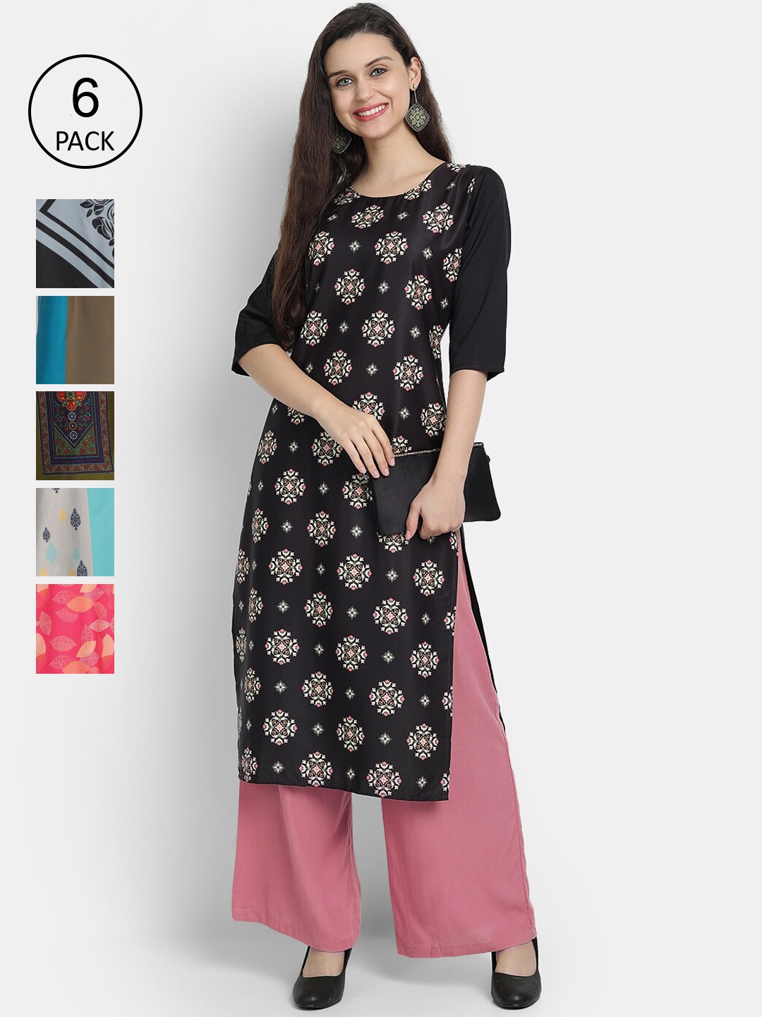 

Ethnic basket Women Set Of 6 Multicoloured Ethnic Motifs Printed Crepe Kurta, Multi