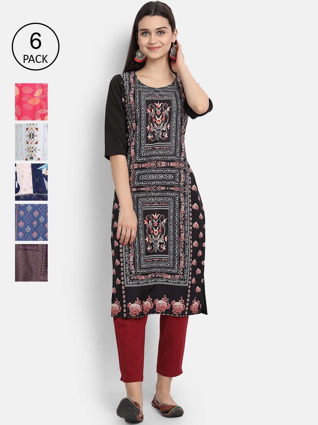 

Ethnic basket Pack of 6 Ethnic Motifs Printed Crepe Kurta, Black