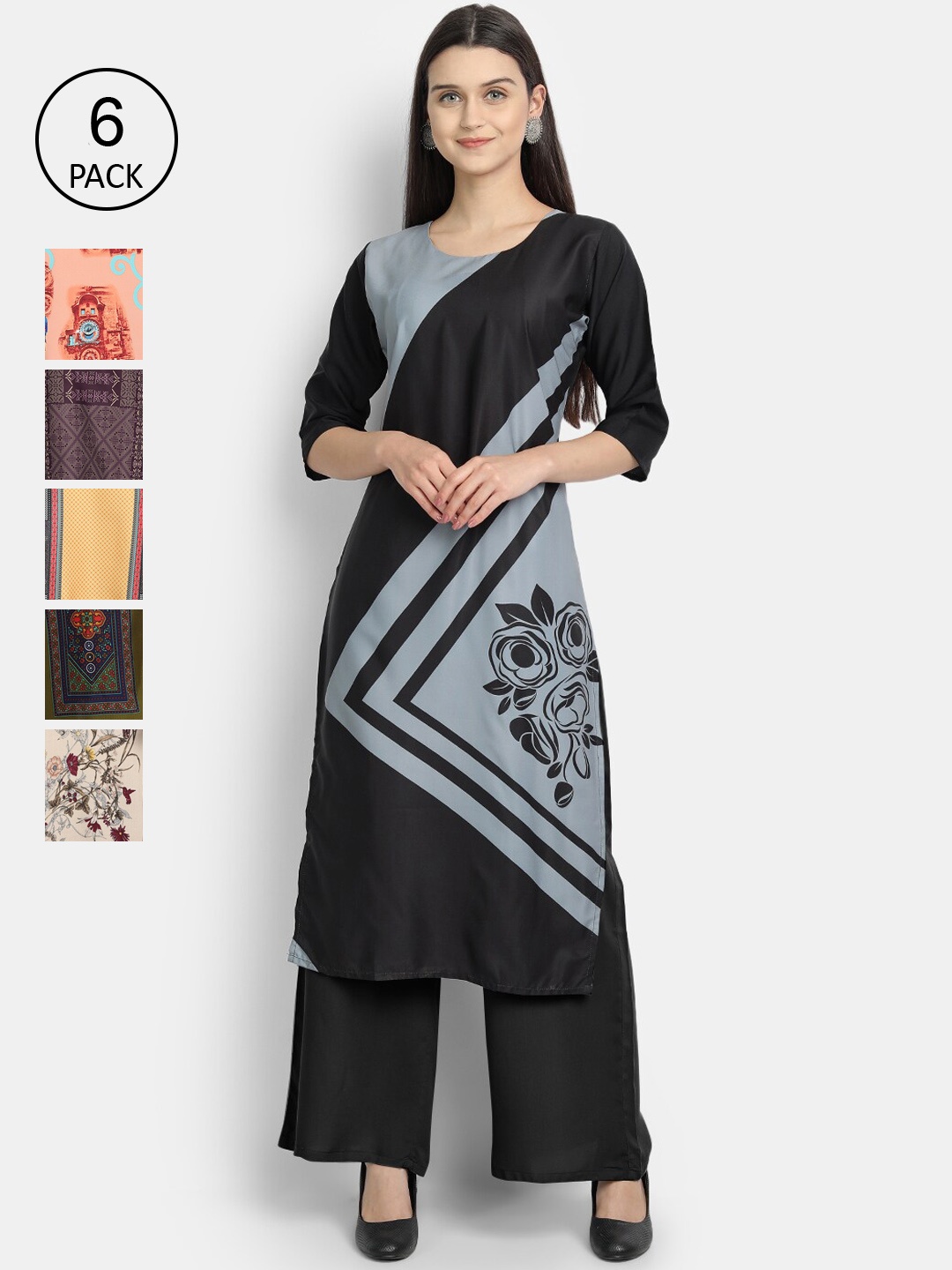 

Ethnic basket Women Pack of 6 Ethnic Motifs Printed Crepe Kurta, Multi