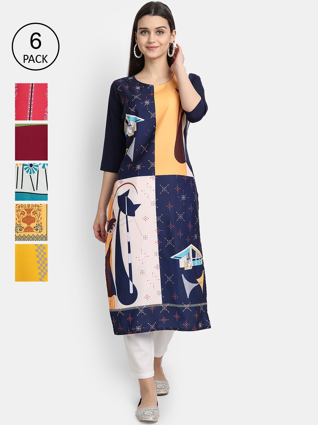 

Ethnic basket Pack of 6 Printed Kurtas, Blue