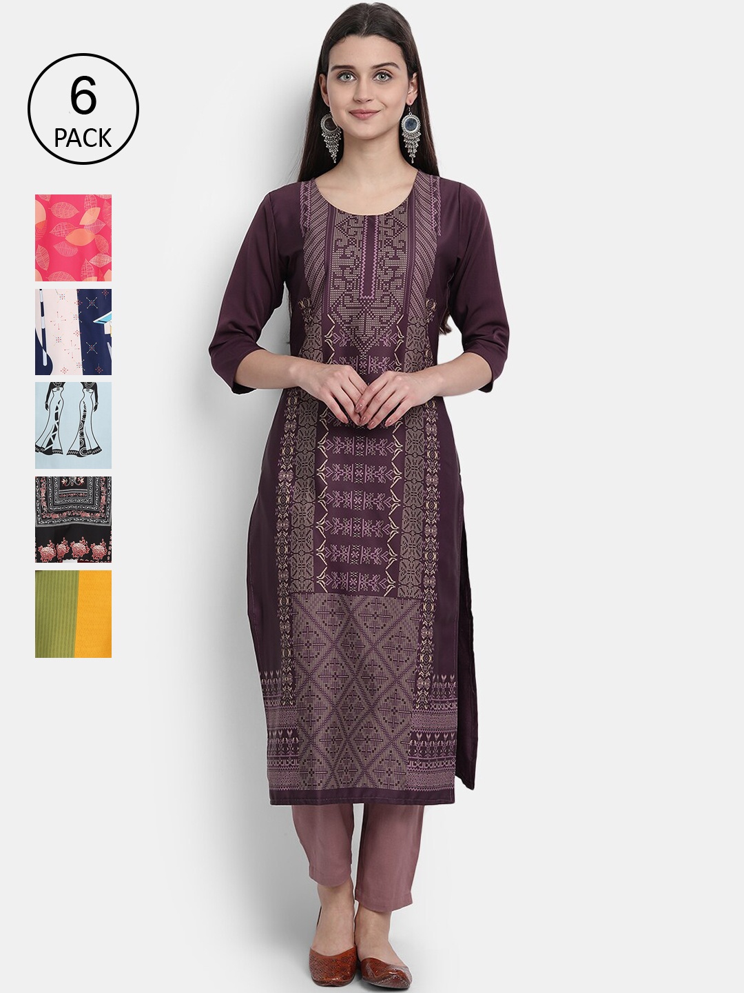 

Ethnic basket Women Pack of 6 Multicoloured Ethnic Motifs Printed Crepe Kurta, Multi