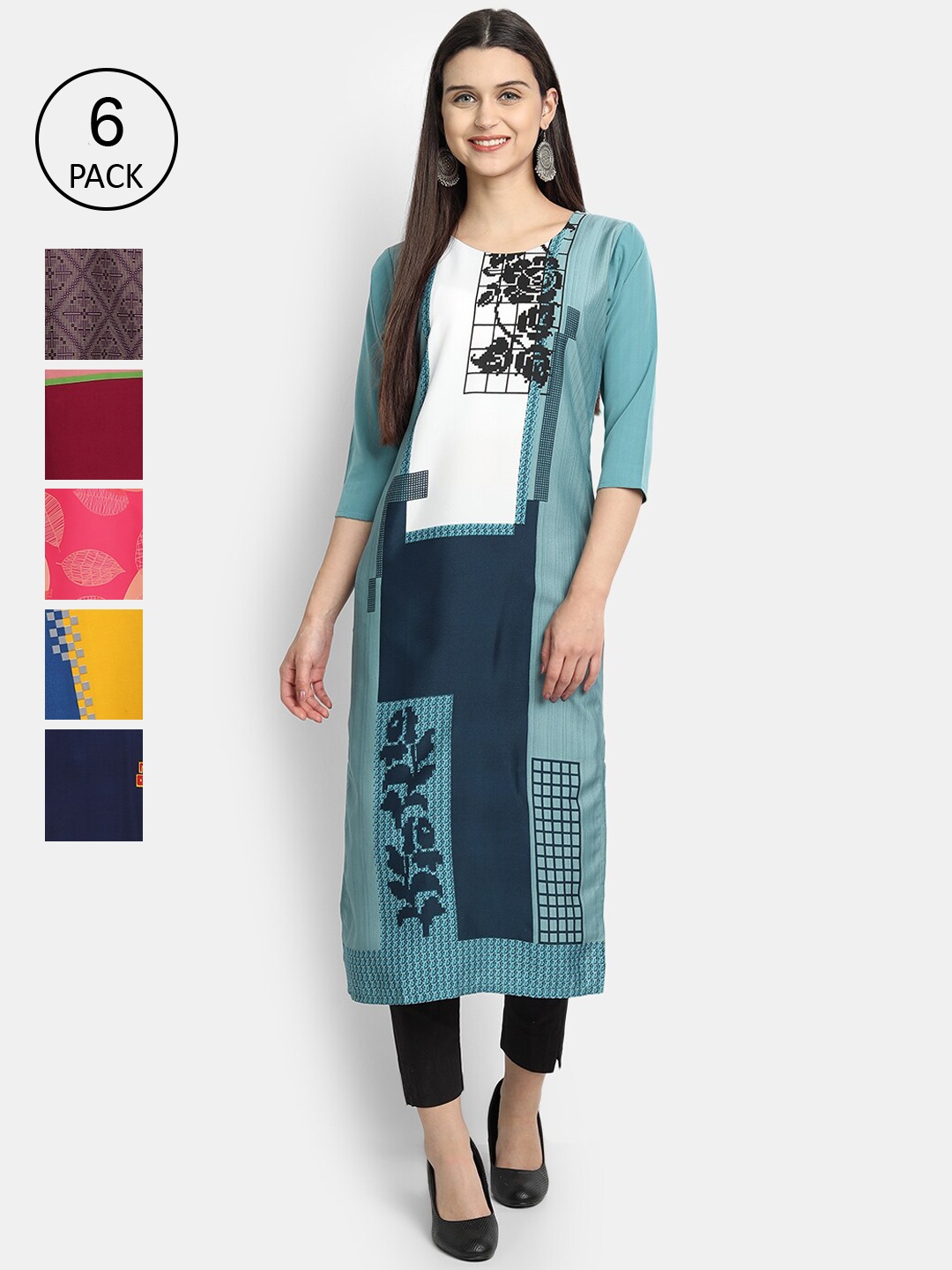 

Ethnic basket Women Pack Of 6 Printed Crepe Kurta, Blue