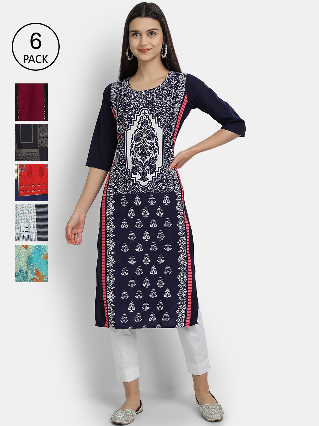 

Ethnic basket Women Pack Of 6 Printed Crepe Kurta, Navy blue