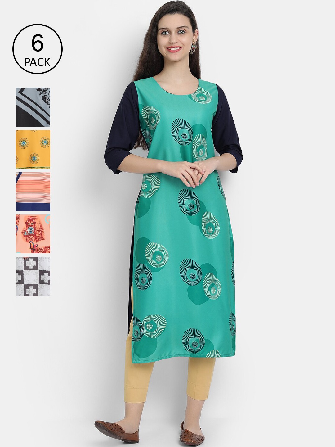 

Ethnic basket Women Pack Of 6 Digital Print Straight Crepe Kurtas, Multi