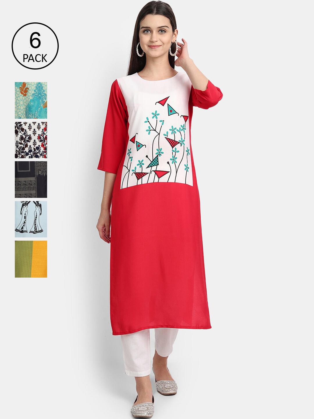 

Ethnic basket Women Multicoloured Set Of 6 Ethnic Motifs Printed Crepe Kurta, Multi