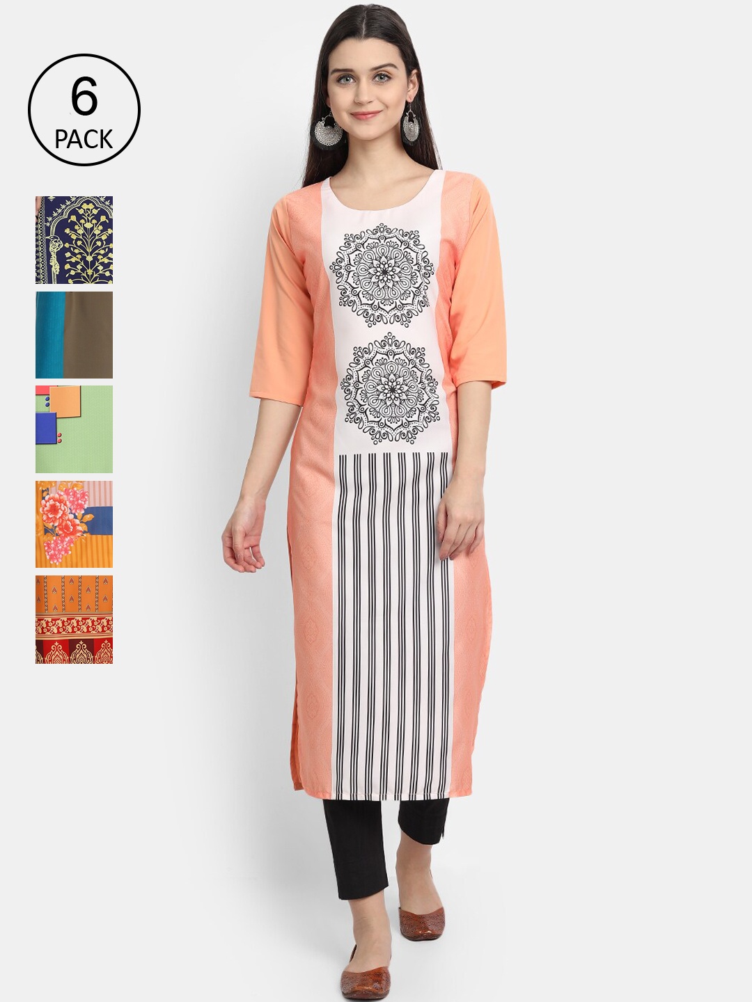 

Ethnic basket Women Pack of 6 Multicoloured Ethnic Motifs Printed Crepe Kurta, Multi