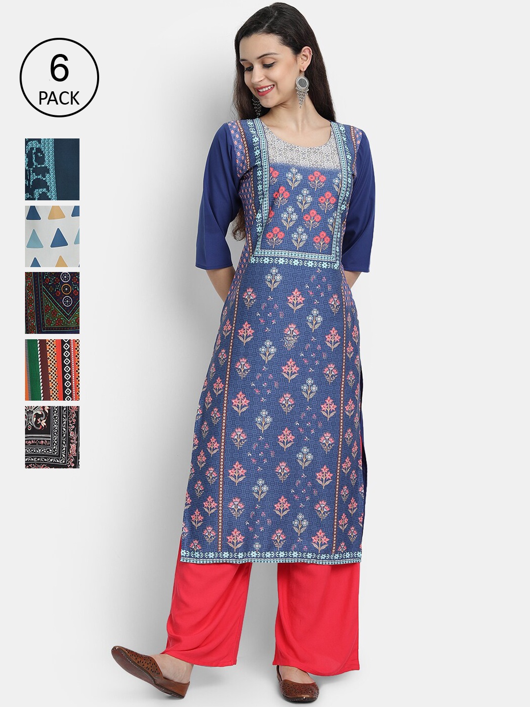 

Ethnic basket Pack of 6 Printed Kurtas, Blue