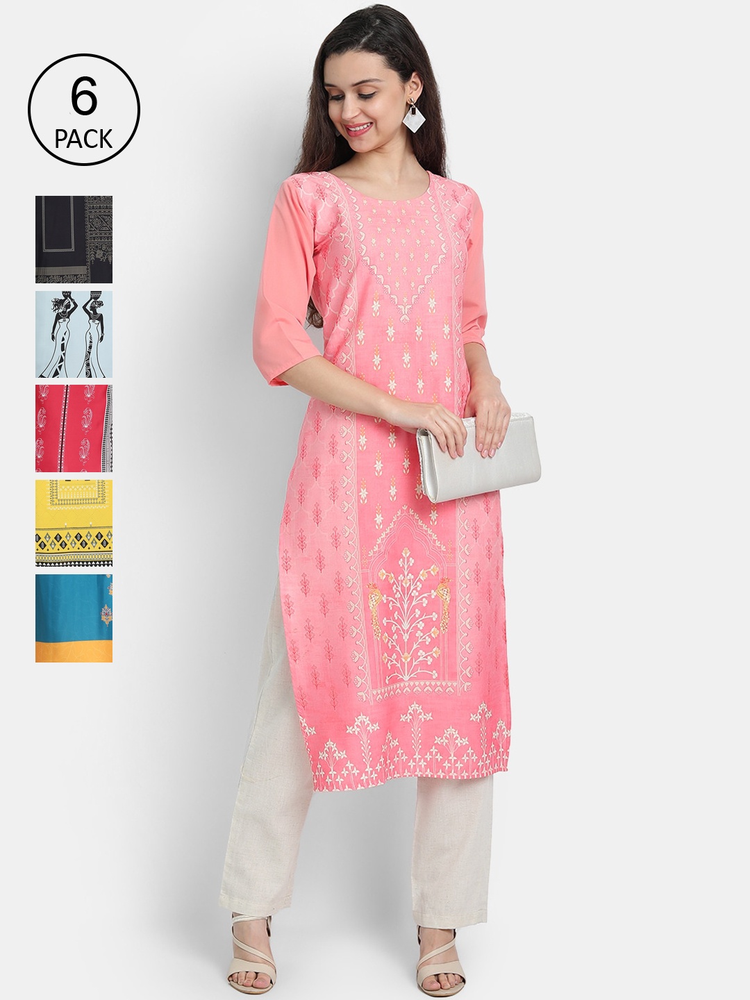 

Ethnic basket Women Pack Of 6 Straight Kurtas, Pink